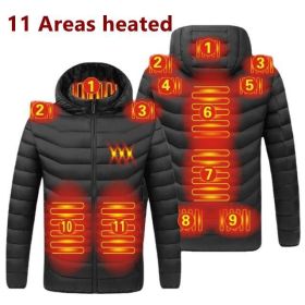 Men 9 Areas Heated Jacket USB Winter Outdoor Electric Heating Jackets Warm Sprots Thermal Coat Clothing Heatable Cotton jacket (Color: 11 heated Black, size: XXXL)