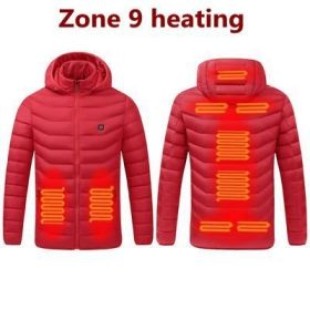 Men 9 Areas Heated Jacket USB Winter Outdoor Electric Heating Jackets Warm Sprots Thermal Coat Clothing Heatable Cotton jacket (Color: 9 Areas heated Red, size: M)