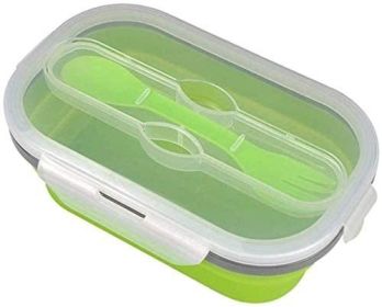 Lunch Box Collapsible Silicone Food Storage with Fork Spoon Expandable Eco Lunch Bento Box BPA-Free Dishwasher Freezer Microwave Safe (Color: Green)