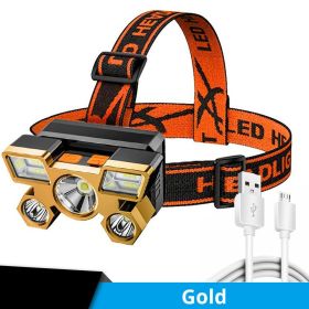 5 LED USB Rechargeable Headlamp; Portable Built-in 18650 Battery Head Flash Light; Waterproof For Expedition Outdoor Camping Fishing (Color: golden)