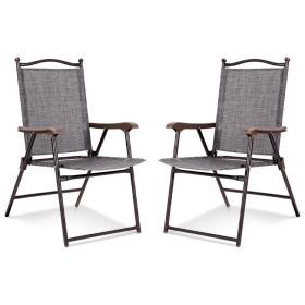 Set of 2 Patio Folding Sling Back Camping Deck Chairs (Color: Gray)